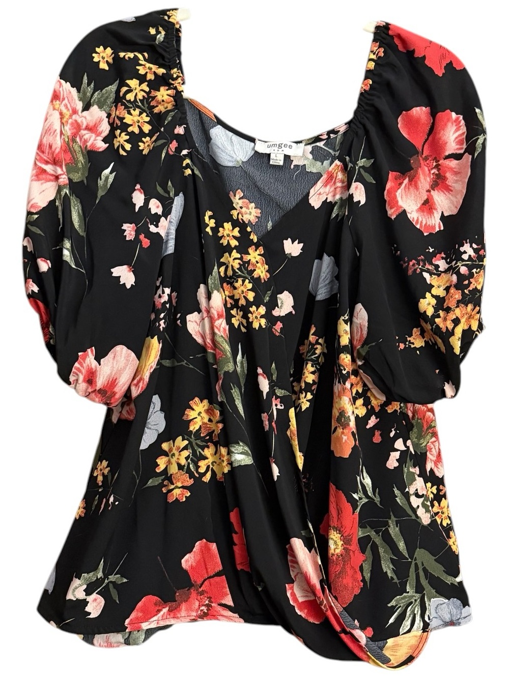 Umgee Black Floral Puff-Sleeve Tunic Faux Wrap Blouse Size Large